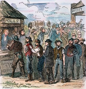 An illustration shows men lining up to vote on the issue of slavery in Kansas Territory. In 1855 voters chose to allow slavery.  The Granger Collection, New York 